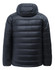 A lightweight hooded puffer jacket in black with a puffy quilted design and a rear view. It features a logo.