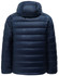 A dark navy lightweight hooded puffer jacket with a quilted design and a hood. It features a logo on the back.