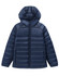 A navy blue lightweight hooded puffer jacket with quilted detailing and a zipper front. It features a logo on the sleeve.