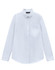 A white long-sleeved cotton blend shirt with a button-up front and a single chest pocket. It features a collar and has a logo.