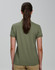 A women's olive green polo shirt with a classic cut and short sleeves, featuring a logo on the back.