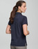 A navy ultrafine cotton pique polo worn by a woman, featuring a logo and a fitted design.