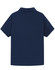 A navy blue ladies' polo shirt with short sleeves and a collar, featuring a logo on the back.