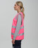 A pink Hi Vis safety zip vest with reflective stripes and utility pockets, displayed on a model from the side.