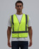 A bright yellow safety vest featuring reflective strips, worn by a model against a plain background.
