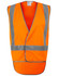 An orange safety vest featuring reflective stripes and a back tail design. It has a logo on it.