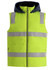 A unisex hi-vis hooded puffer vest in bright yellow with reflective stripes and a navy hood.
