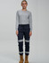 Cotton stretch drill cuffed work pants in navy blue with reflective tape, paired with a grey long-sleeve top.