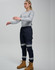 Cotton stretch drill cuffed work pants in navy blue with reflective tape, featuring pockets and a casual top.