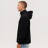 A man is wearing a black weather jacket with a hood, shown in profile against a plain background.