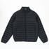 A black puffer jacket with a high collar and zippered pockets, featuring a logo on the inside collar.