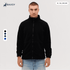 A full zip polar fleece jacket in black, featuring a collar and a relaxed fit, displayed on a model.