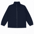 A navy blue full zip polar fleece jacket with a high collar and front pockets, featuring a logo.