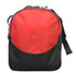 A red and black duffle bag with a zipper and adjustable strap, featuring a logo on the front.
