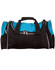 A duffle bag in black with a bright blue top, featuring zipper compartments and straps. It has a logo on it.