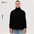 A black polar fleece 1/4 zip jacket displayed on a model, featuring a high collar and a logo.
