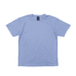 A blue short-sleeved T-shirt with a round neckline and a logo on the tag.