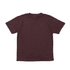 A maroon short-sleeved tee with a crew neck, featuring a logo on the inside label.