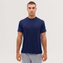 A navy blue T-shirt displayed on a male model, featuring short sleeves and a round neckline. It has a logo.
