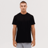 A black t-shirt displayed on a model, featuring short sleeves and a round neckline, with a logo present.