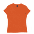 An orange women's T-shirt with a fitted design and a brand logo on the tag.
