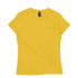 A yellow women's t-shirt with a fitted design and a logo on the neckline.
