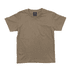 A plain brown T-shirt with a round neckline and short sleeves, featuring a label in the neck area.