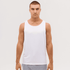 A white singlet is displayed on a model with short, light brown hair, featuring a simple design and a logo.