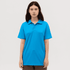 A blue polo shirt with a collar and short sleeves, featuring a logo on the chest.