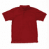 A red polo shirt featuring a collar and three buttons, with a logo on the upper part.