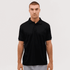 A black polo shirt with a collar and short sleeves, featuring a logo on the chest.