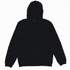 A black hooded sweatshirt featuring a front pocket and a drawstring hood. It has a logo on the front.