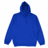 A bright blue hoodie featuring a front pocket and a drawstring hood. It has a logo on the front.