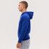 A blue hoodie featuring a kangaroo pocket and a drawstring hood, displayed on a model in profile.