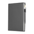 A refillable journal in a sleek grey leather cover with an attached pen. Features a logo on the front.