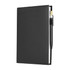 A black leather refillable journal with a pen attached, featuring a smooth cover and visible stitching.
