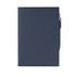 A navy blue Mela Apple Leather refillable journal with a pen holder and a logo on the cover.