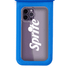 A waterproof phone pouch in bright blue, featuring a clear front and a logo on the visible phone case.