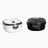 A lunch box set featuring a black and a white container, each with a secure lid and branding.