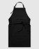 A black apron featuring a front pocket and adjustable neck strap. It has a simple, sleek design.