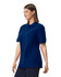 A navy blue polo shirt with short sleeves, featuring a collar and side slits, displayed on a model.