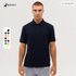 A model wearing a navy polo shirt with a collar, featuring short sleeves and a subtle logo. Various colour swatches are visible.