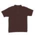 A maroon polo shirt with a collar and three-button placket, featuring a branding logo.