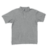 A grey polo shirt with a collar and three buttons, featuring a logo on the chest.