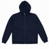 A navy zip hoodie featuring a hood and front pockets, with a logo on the label.