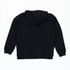 A black zip-up hooded sweatshirt with a simple design and a hood, featuring a logo.