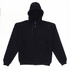 A black zip-up hoodie with a hood and front pockets, featuring a logo on the inside tag.