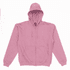 A pink zipped hooded sweatshirt with a front pocket and drawstring hood. It features a logo on the chest area.