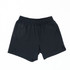 Black running shorts with an elastic waistband and side pockets, featuring a logo on one side.