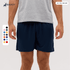 Navy shorts displayed on a model, featuring an elastic waistband and side pockets. Includes a colour selection chart.